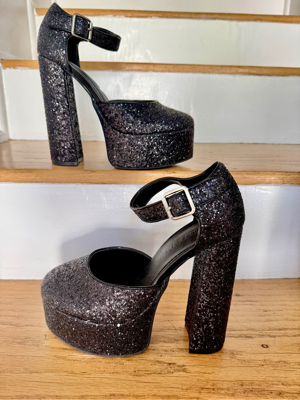 Dolls Kill Black Glitter Platform Ankle-Strap Heels - Halloween Goth Glam🖤sz 9